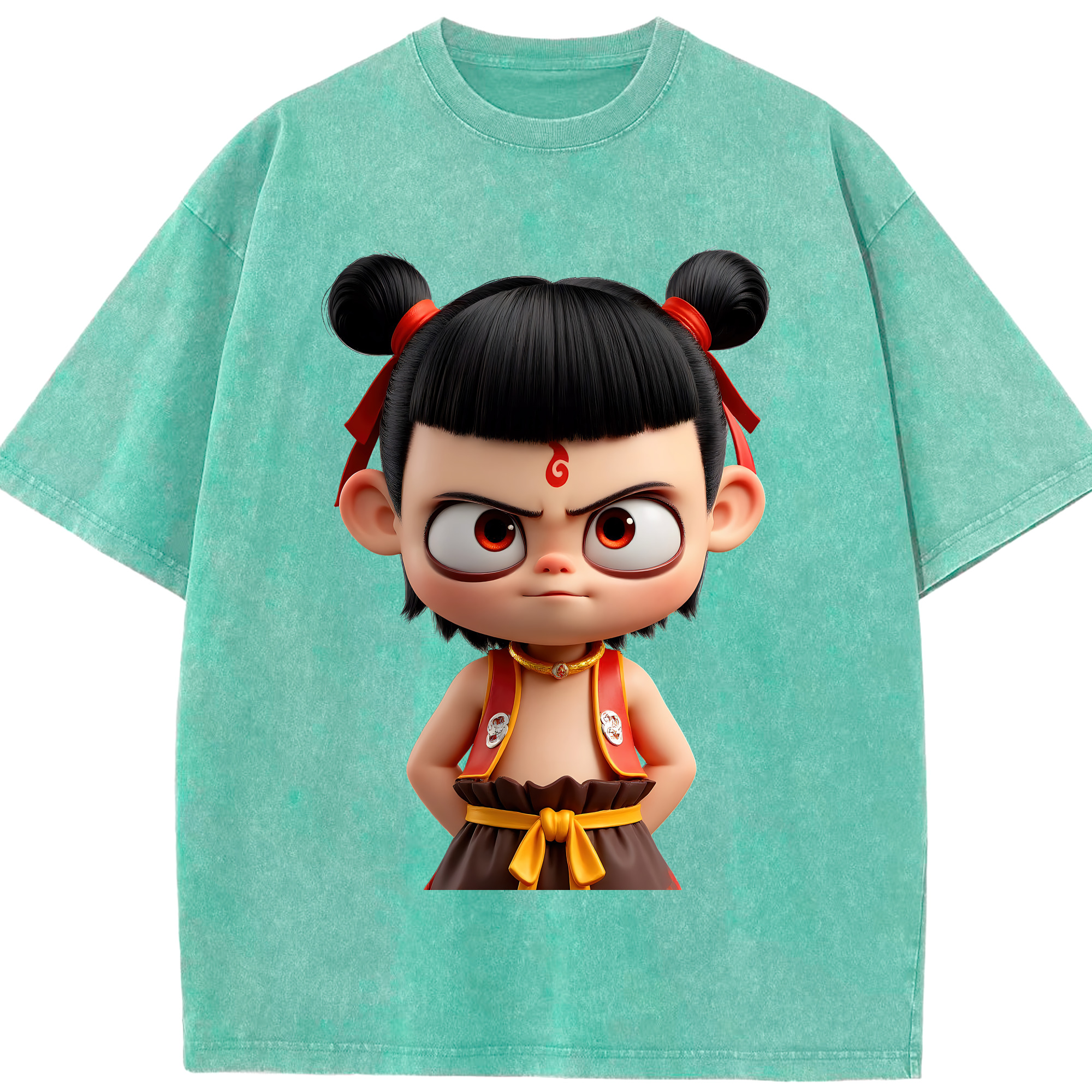 （画像用） Ne Zha 2 ナタ 魔童の大暴れ 綿100% ヴィンテージ風 半袖Tシャツ（フロントプリント）
